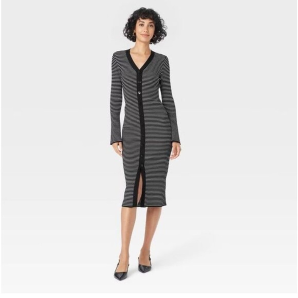a new day Black and White Striped Long Sleeve Button-Front Midi Dress